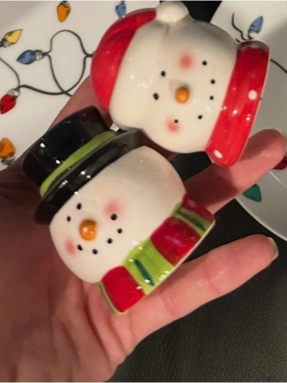 Vintage Pottery Barn Christmas plates and Snowman Salt and Pepper Shaker